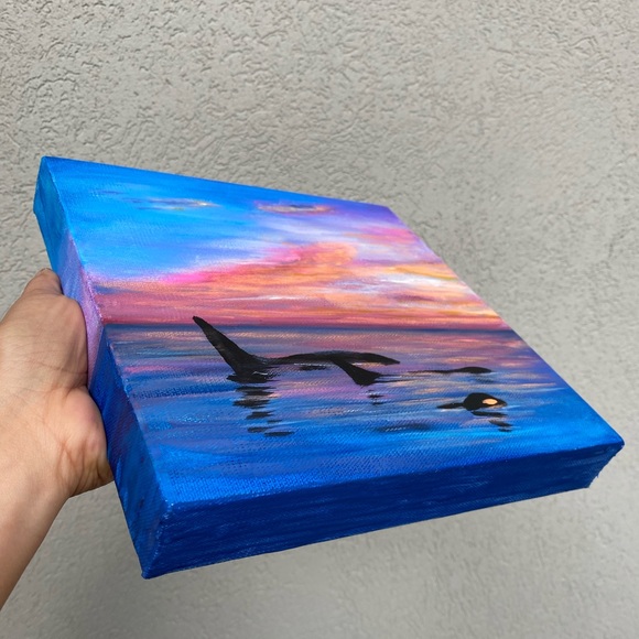 sunset on Alaska ocean & whales Original acrylic painting signed by the artist - Picture 5 of 7